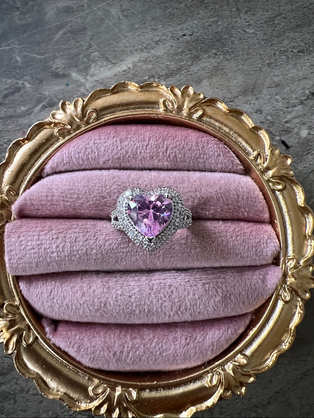 Heart-Cut Pink Crystal Halo Ring for Women size 6.5 as is but adjustable fashion